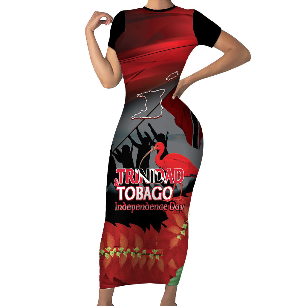 Personalized Trinidad and Tobago Independence Day Short Sleeve Bodycon Dress Scarlet Ibis And Chaconia Flowers