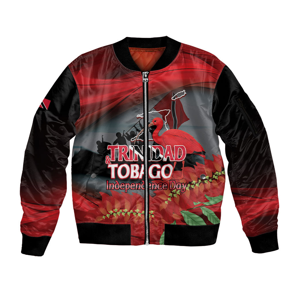 Personalized Trinidad and Tobago Independence Day Sleeve Zip Bomber Jacket Scarlet Ibis And Chaconia Flowers