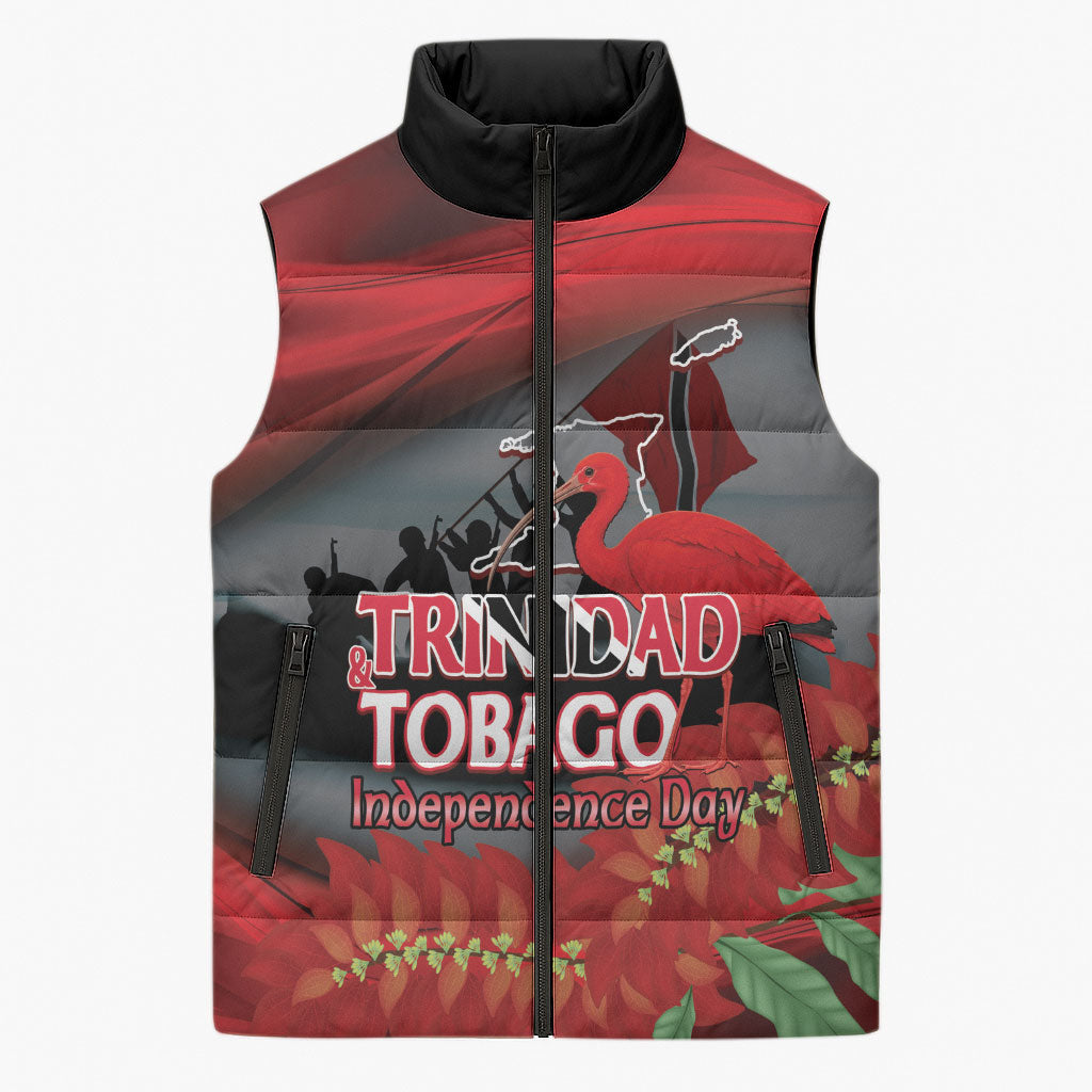 Personalized Trinidad and Tobago Independence Day Sleeveless Puffer Jacket Scarlet Ibis And Chaconia Flowers