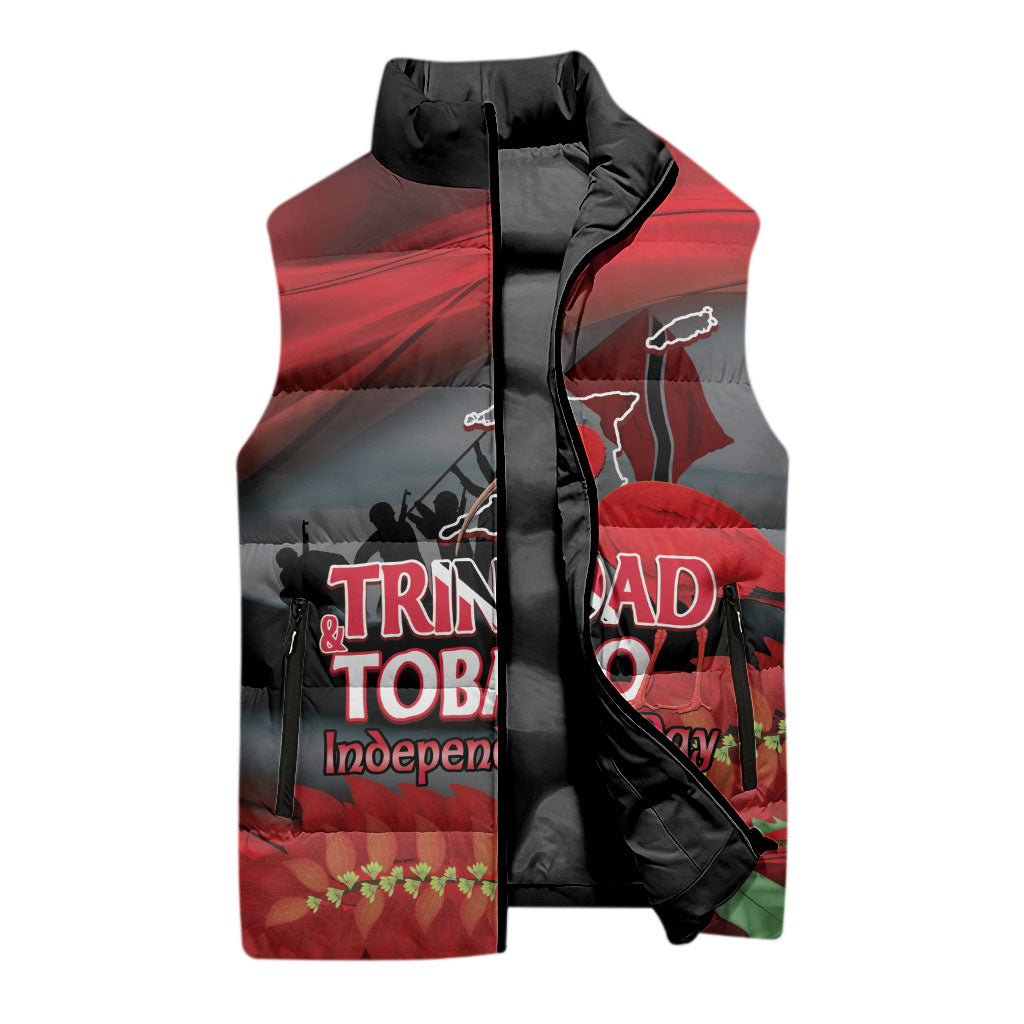 Personalized Trinidad and Tobago Independence Day Sleeveless Puffer Jacket Scarlet Ibis And Chaconia Flowers