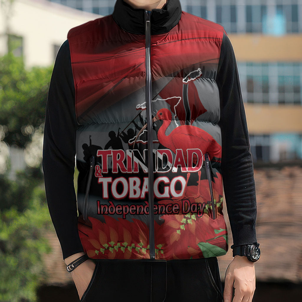 Personalized Trinidad and Tobago Independence Day Sleeveless Puffer Jacket Scarlet Ibis And Chaconia Flowers
