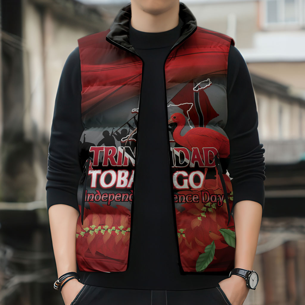 Personalized Trinidad and Tobago Independence Day Sleeveless Puffer Jacket Scarlet Ibis And Chaconia Flowers