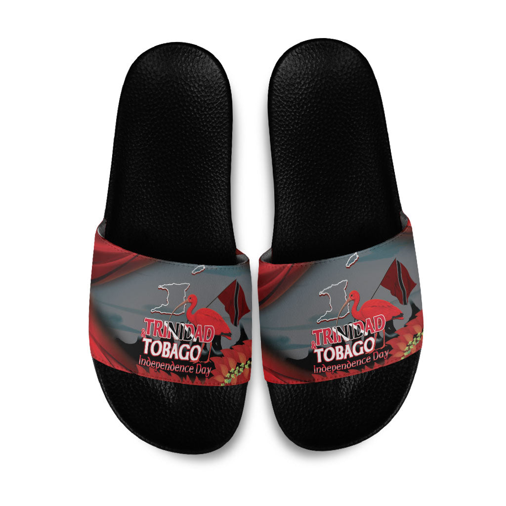 Trinidad and Tobago Independence Day Slide Sandals Scarlet Ibis And Chaconia Flowers