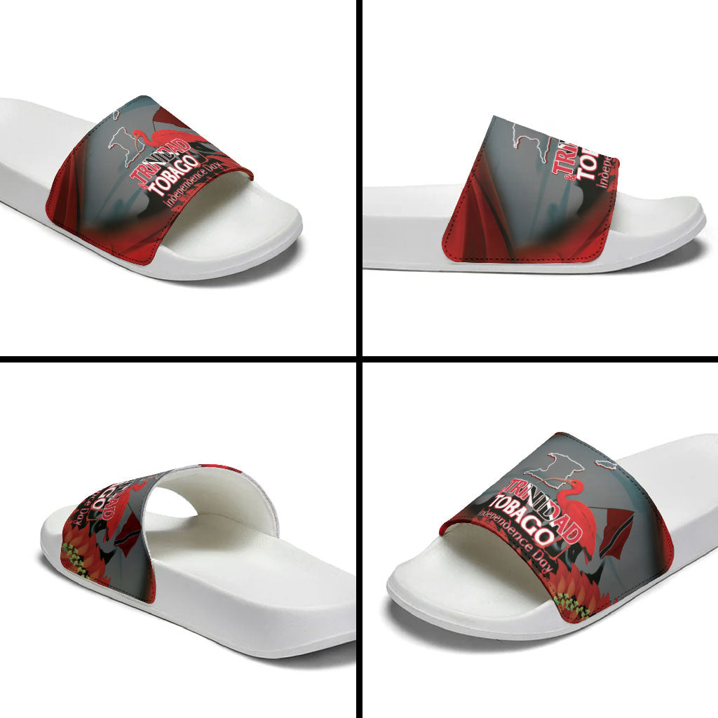 Trinidad and Tobago Independence Day Slide Sandals Scarlet Ibis And Chaconia Flowers
