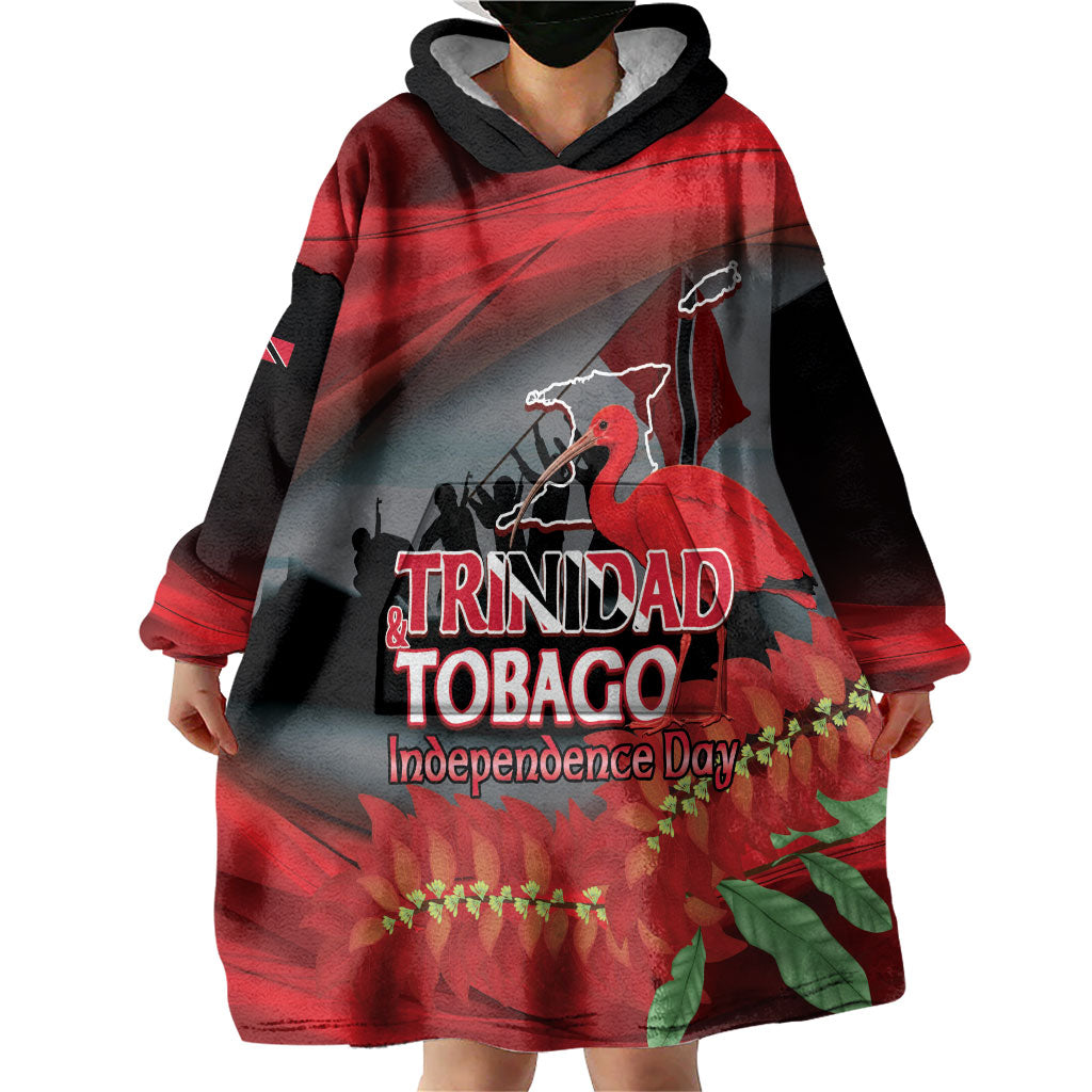 Personalized Trinidad and Tobago Independence Day Wearable Blanket Hoodie Scarlet Ibis And Chaconia Flowers