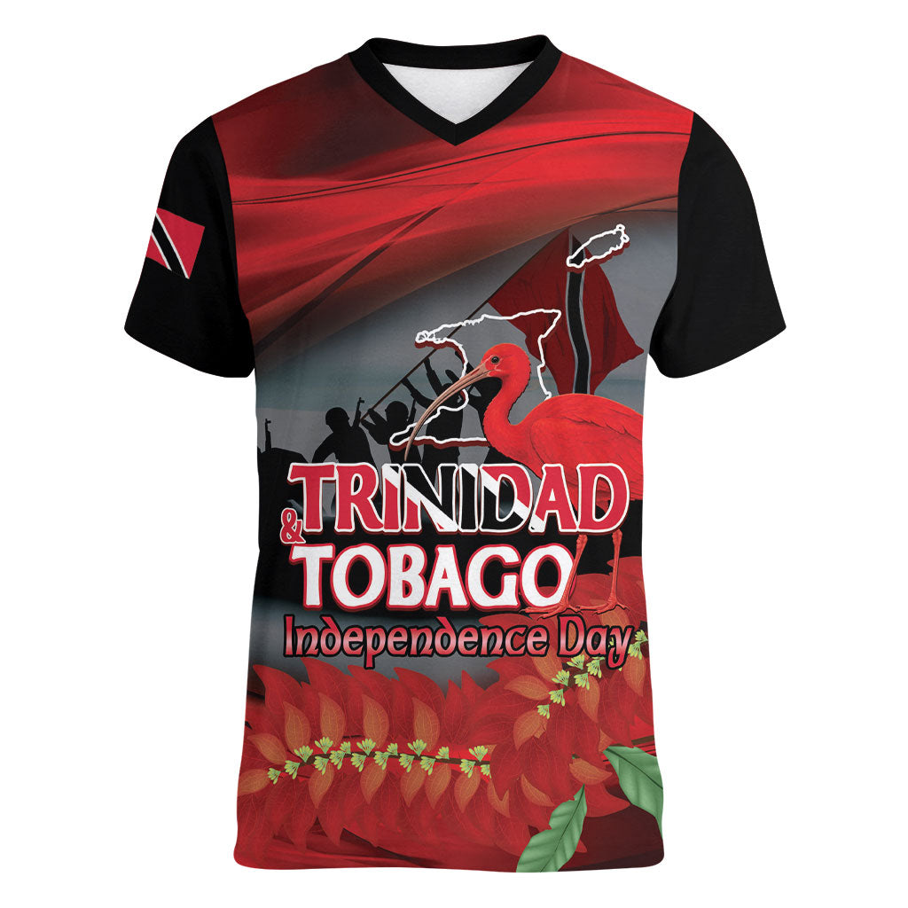Personalized Trinidad and Tobago Independence Day Women V-Neck T-Shirt Scarlet Ibis And Chaconia Flowers