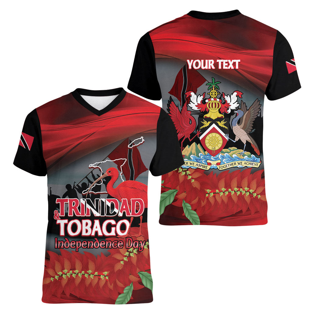 Personalized Trinidad and Tobago Independence Day Women V-Neck T-Shirt Scarlet Ibis And Chaconia Flowers