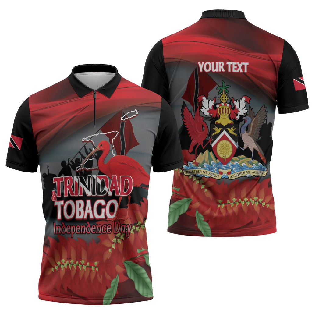 Personalized Trinidad and Tobago Independence Day Zipper Polo Shirt Scarlet Ibis And Chaconia Flowers