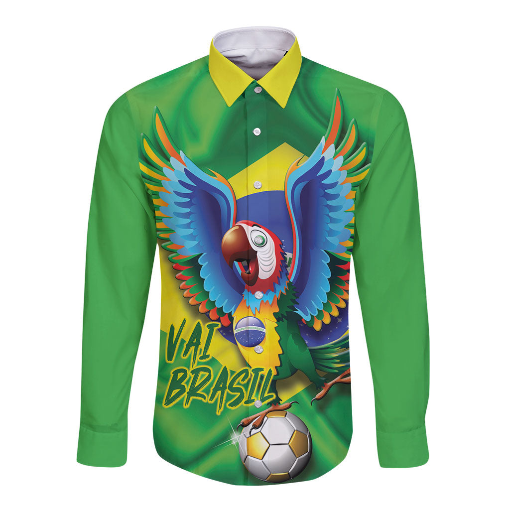Vai Brasil Football Long Sleeve Button Shirt 2026 Go Canarinho Macaw Parrot Flag Proud