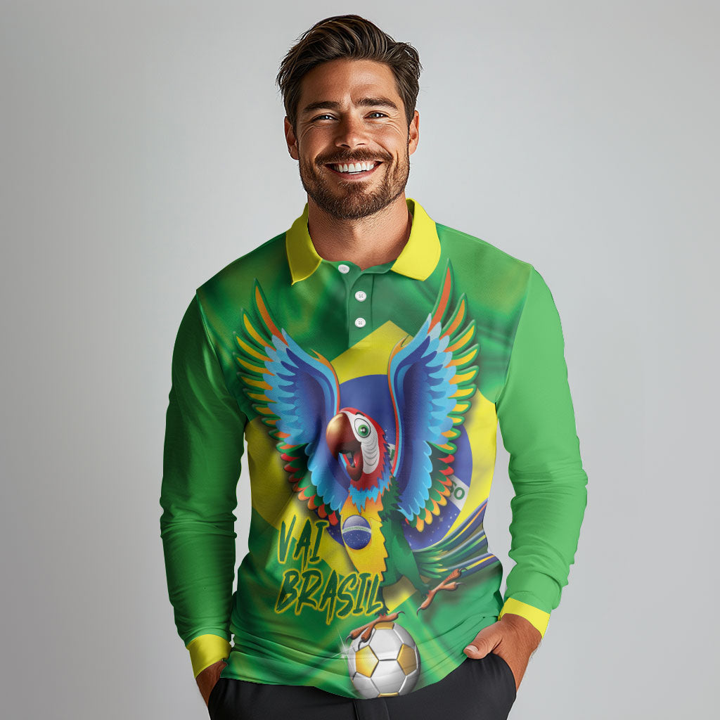 Vai Brasil Football Long Sleeve Polo Shirt 2026 Go Canarinho Macaw Parrot Flag Proud