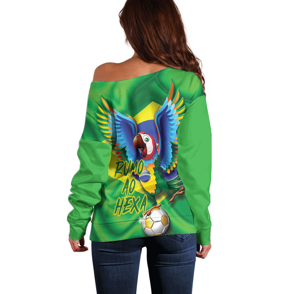 Vai Brasil Football Off Shoulder Sweater 2026 Go Canarinho Macaw Parrot Flag Proud
