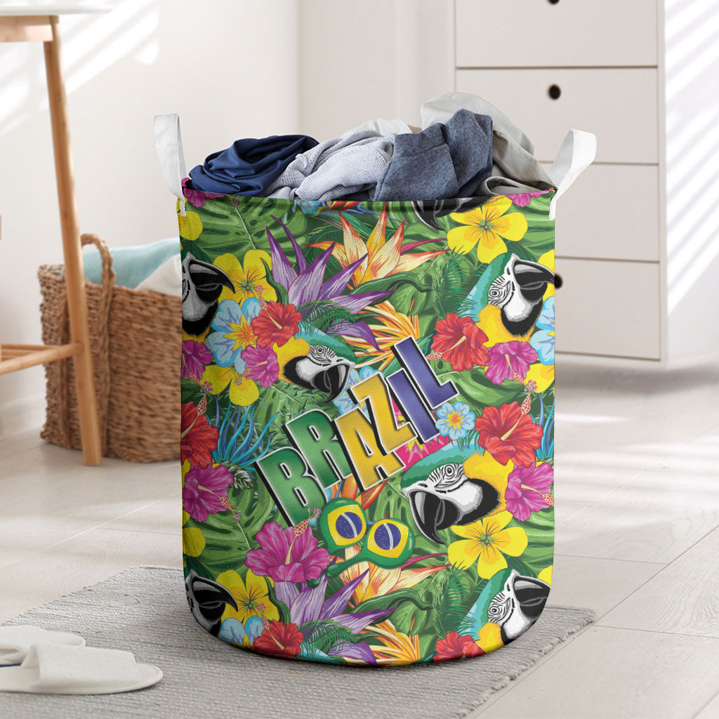 Macaw Parrot Brazil Laundry Basket Maracas Seamless Tropical Flowers