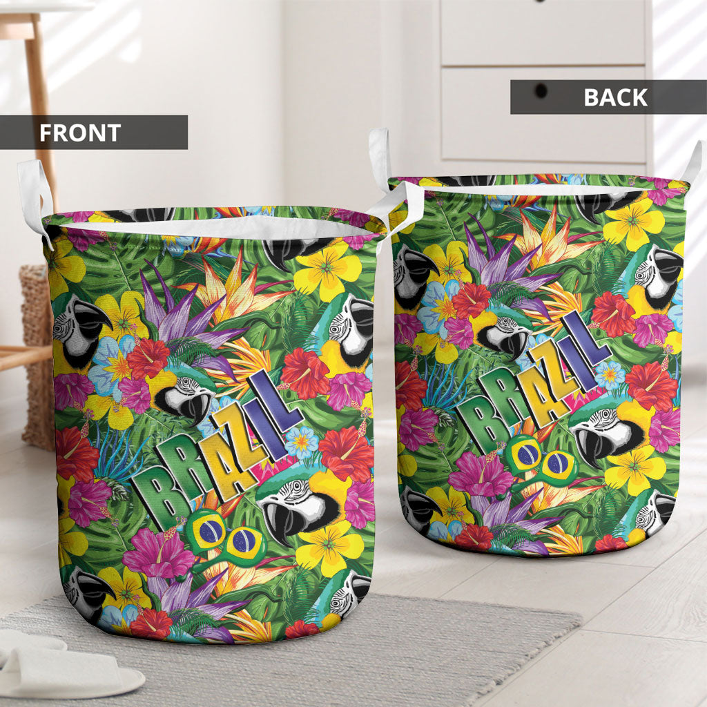 Macaw Parrot Brazil Laundry Basket Maracas Seamless Tropical Flowers