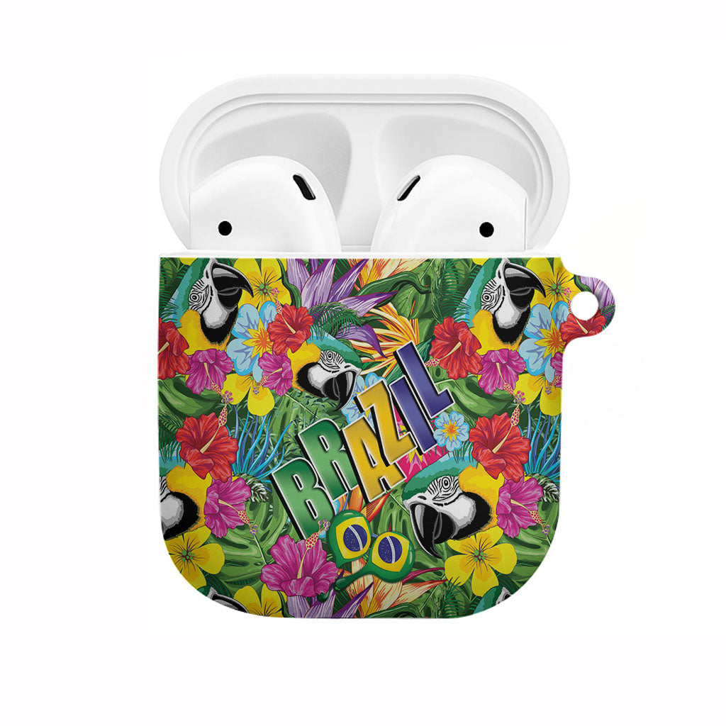 Macaw Parrot Brazil AirPods Case Maracas Seamless Tropical Flowers