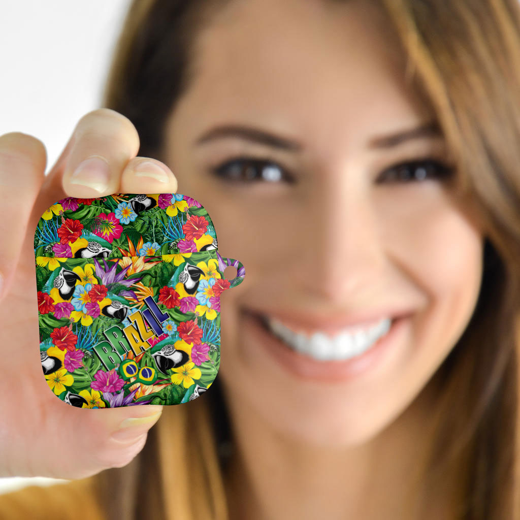 Macaw Parrot Brazil AirPods Case Maracas Seamless Tropical Flowers