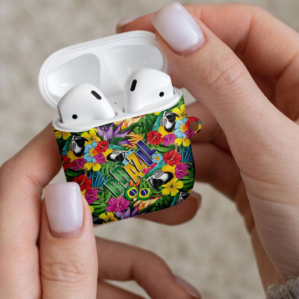 Macaw Parrot Brazil AirPods Case Maracas Seamless Tropical Flowers