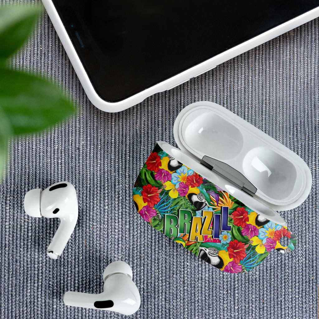 Macaw Parrot Brazil AirPods Case Maracas Seamless Tropical Flowers