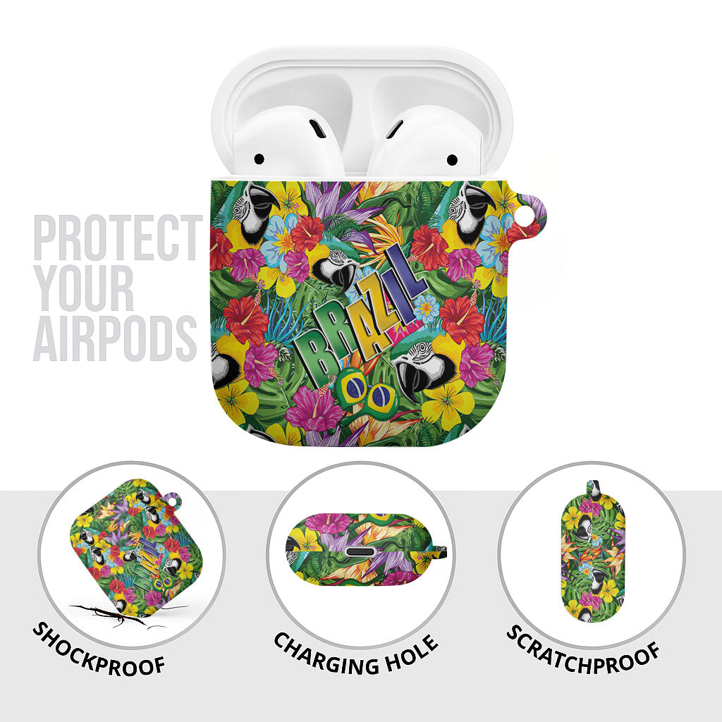 Macaw Parrot Brazil AirPods Case Maracas Seamless Tropical Flowers