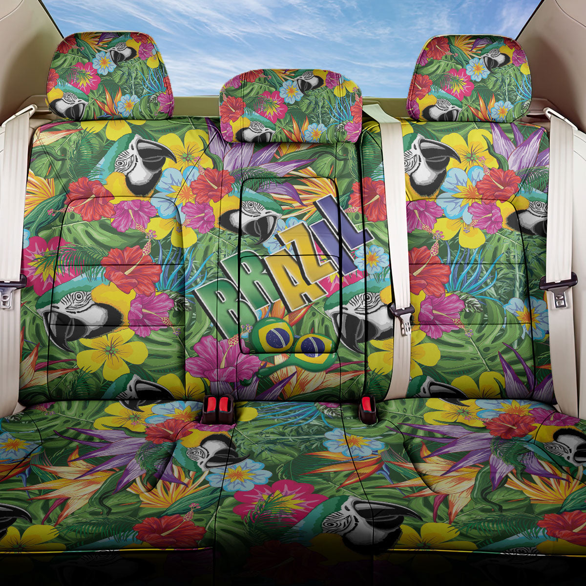 Macaw Parrot Brazil Back Car Seat Cover Maracas Seamless Tropical Flowers