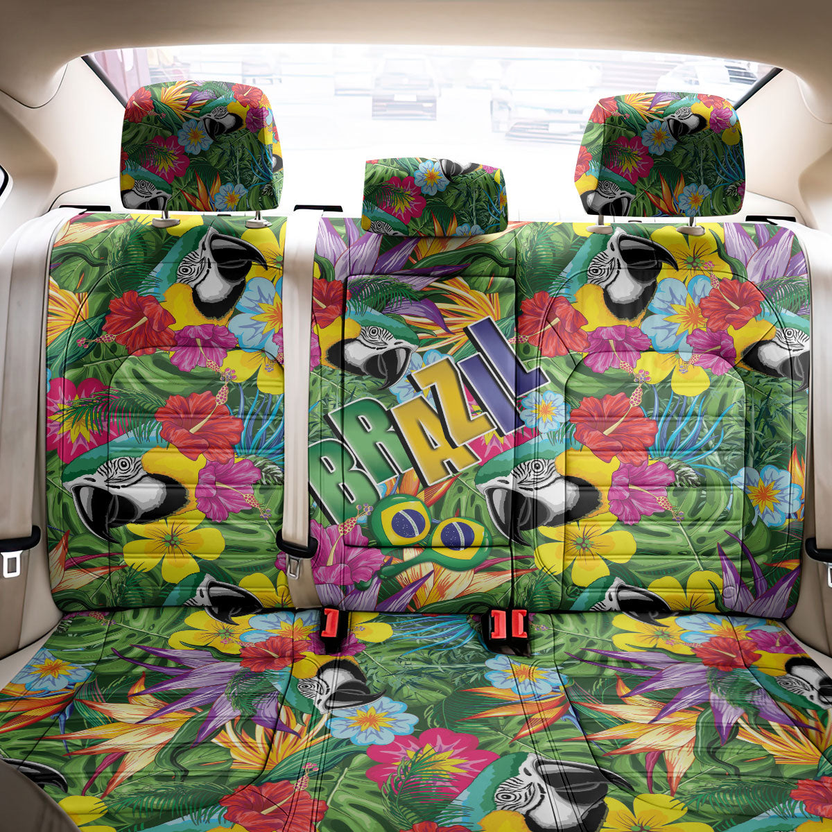 Macaw Parrot Brazil Back Car Seat Cover Maracas Seamless Tropical Flowers