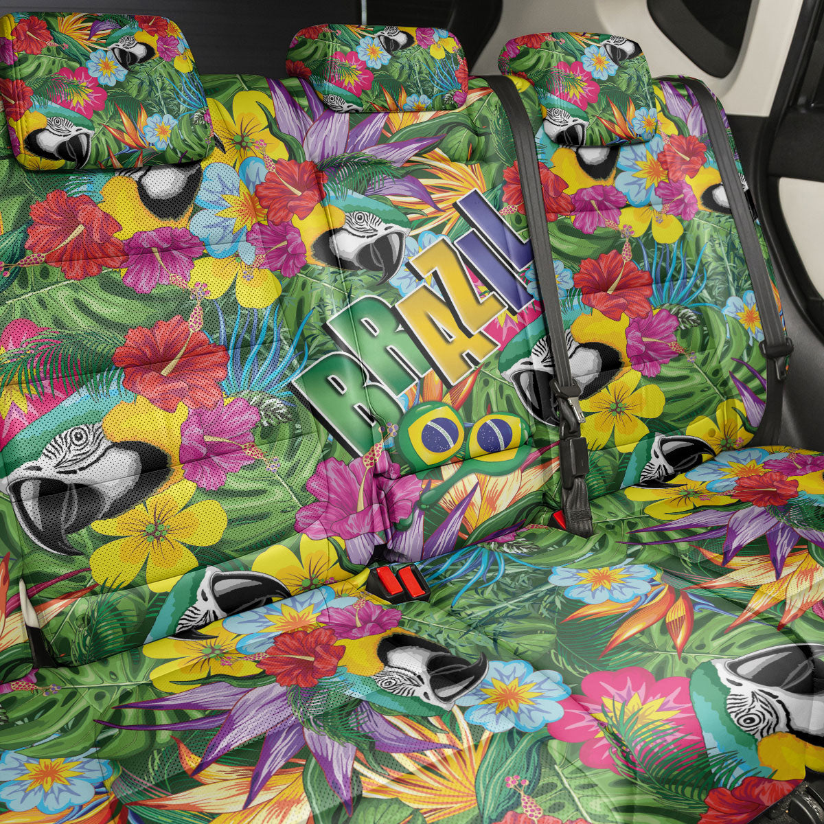 Macaw Parrot Brazil Back Car Seat Cover Maracas Seamless Tropical Flowers