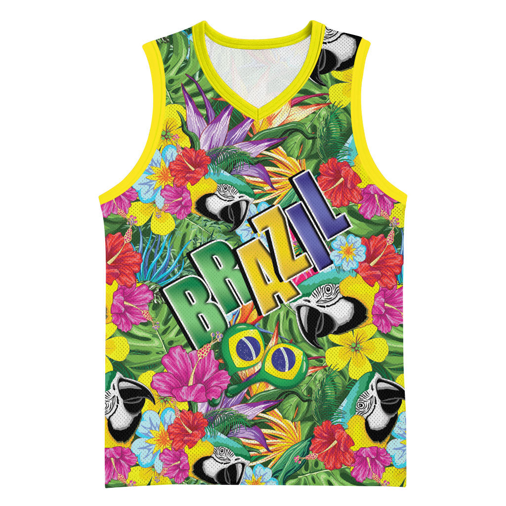 Macaw Parrot Brazil Basketball Jersey Maracas Seamless Tropical Flowers