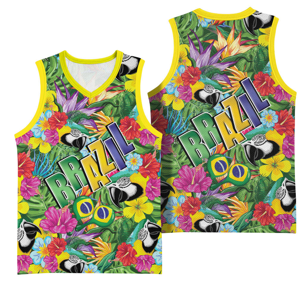 Macaw Parrot Brazil Basketball Jersey Maracas Seamless Tropical Flowers