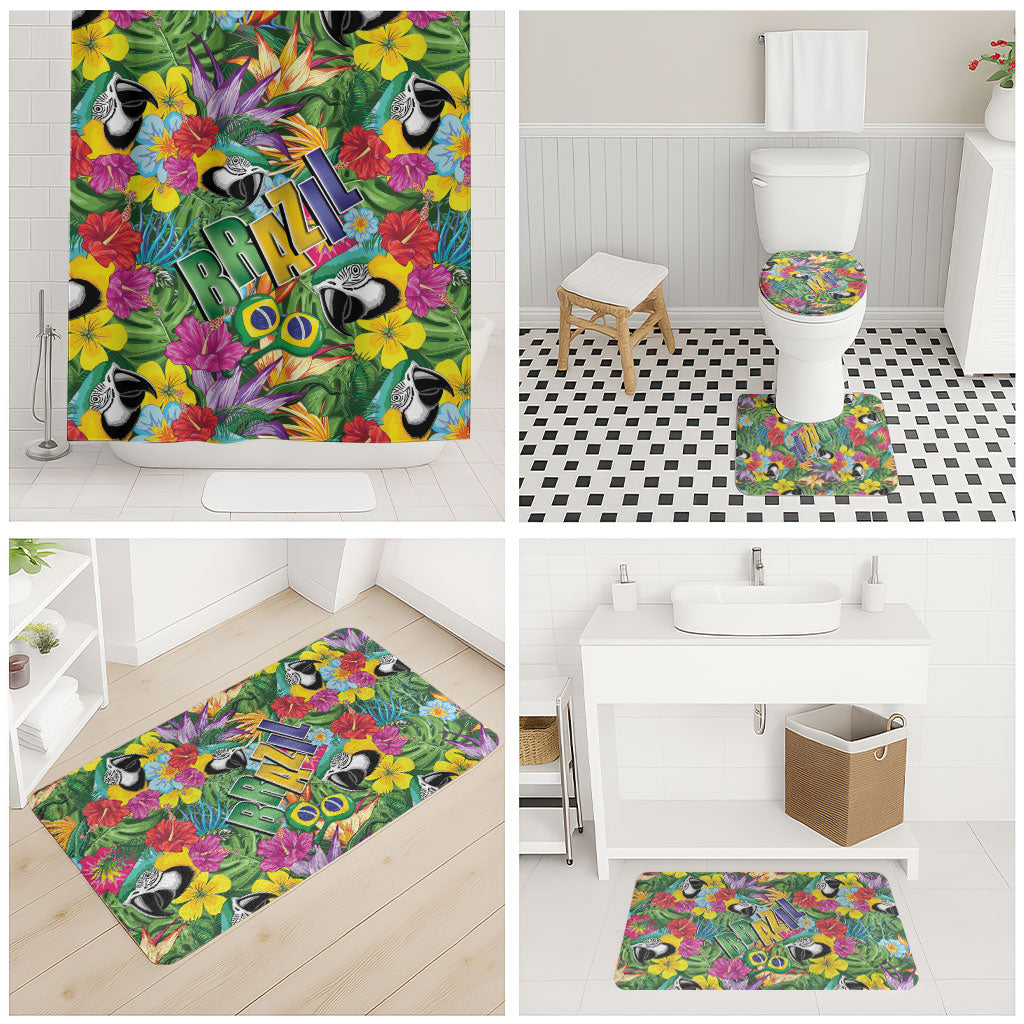 Macaw Parrot Brazil Bathroom Set Maracas Seamless Tropical Flowers