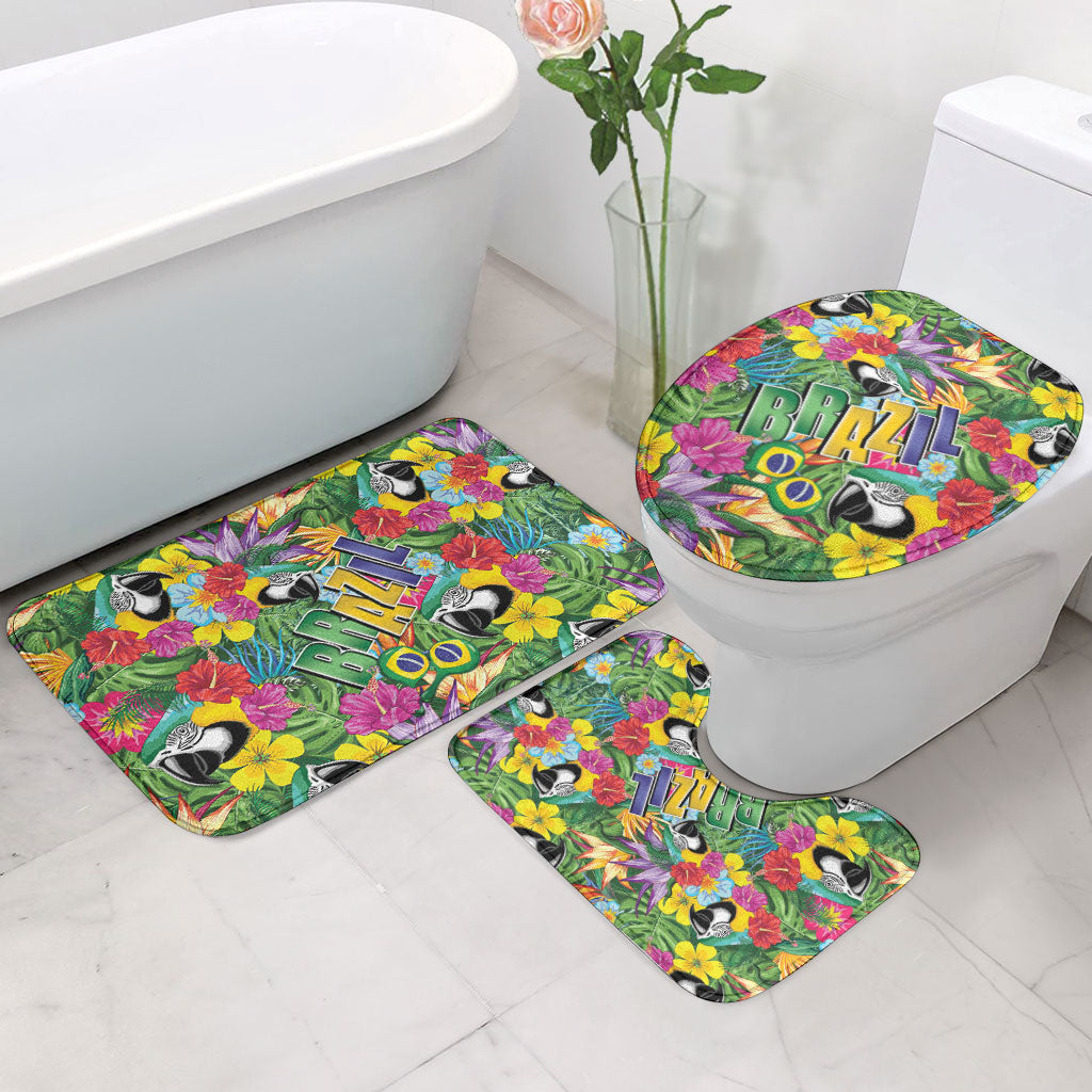 Macaw Parrot Brazil Bathroom Set Maracas Seamless Tropical Flowers
