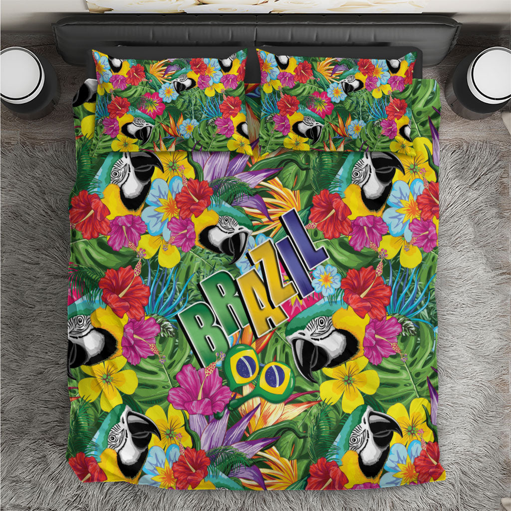 Macaw Parrot Brazil Bedding Set Maracas Seamless Tropical Flowers