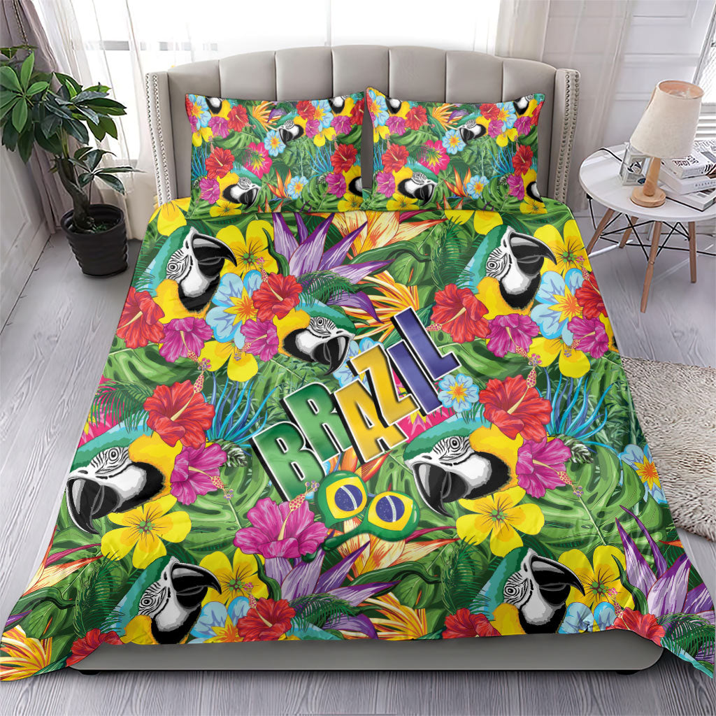 Macaw Parrot Brazil Bedding Set Maracas Seamless Tropical Flowers