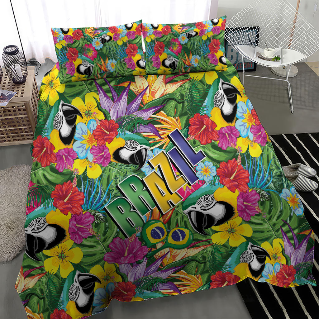 Macaw Parrot Brazil Bedding Set Maracas Seamless Tropical Flowers
