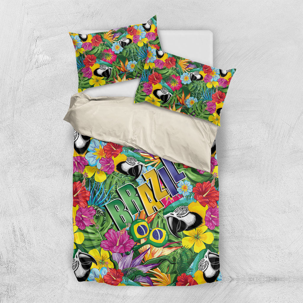 Macaw Parrot Brazil Bedding Set Maracas Seamless Tropical Flowers