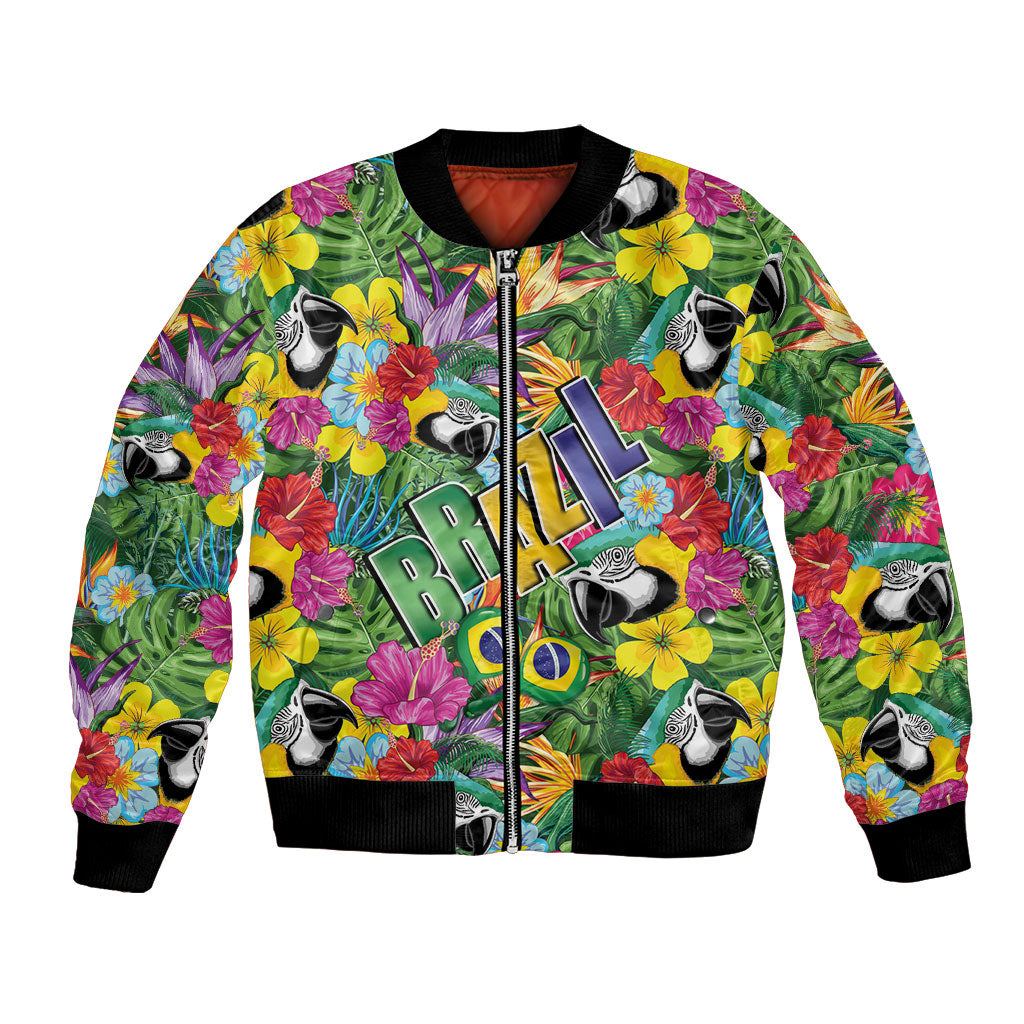 Macaw Parrot Brazil Bomber Jacket Maracas Seamless Tropical Flowers
