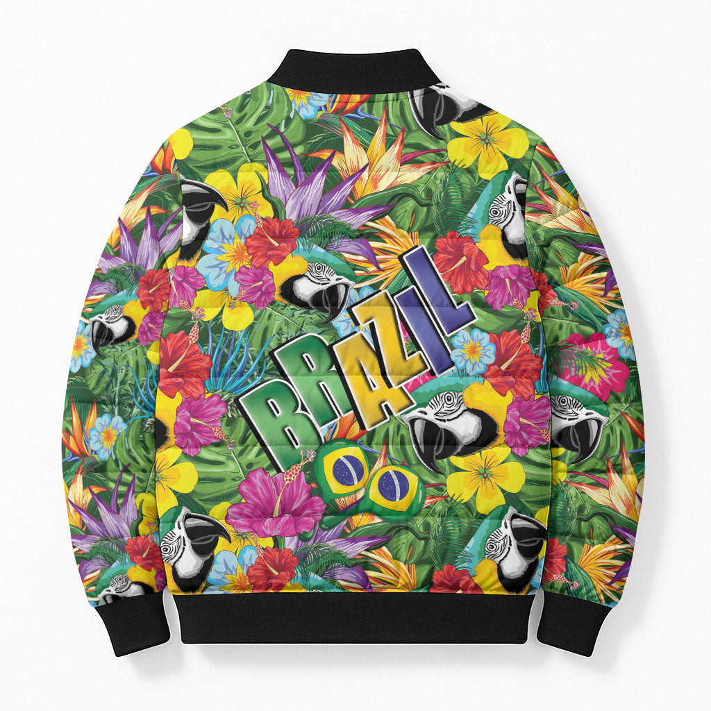 Macaw Parrot Brazil Bomber Puffer Jacket Maracas Seamless Tropical Flowers