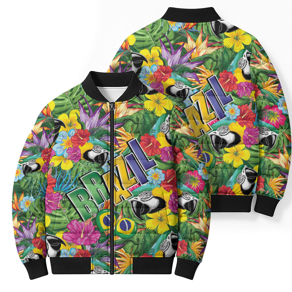Macaw Parrot Brazil Bomber Puffer Jacket Maracas Seamless Tropical Flowers