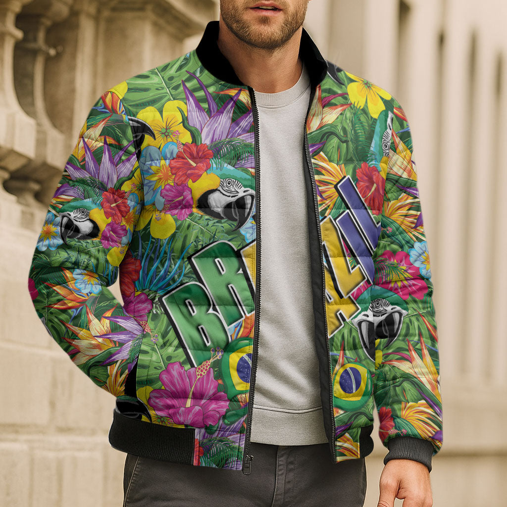 Macaw Parrot Brazil Bomber Puffer Jacket Maracas Seamless Tropical Flowers