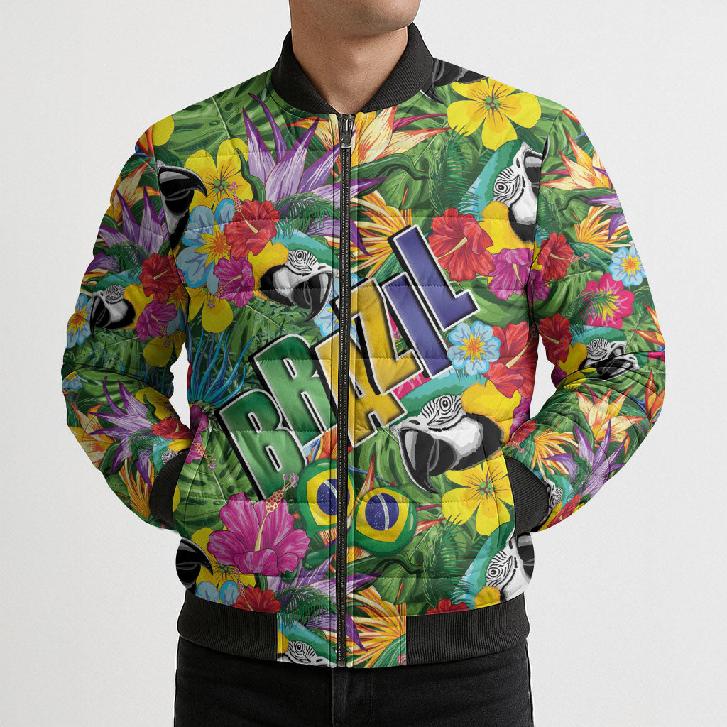 Macaw Parrot Brazil Bomber Puffer Jacket Maracas Seamless Tropical Flowers