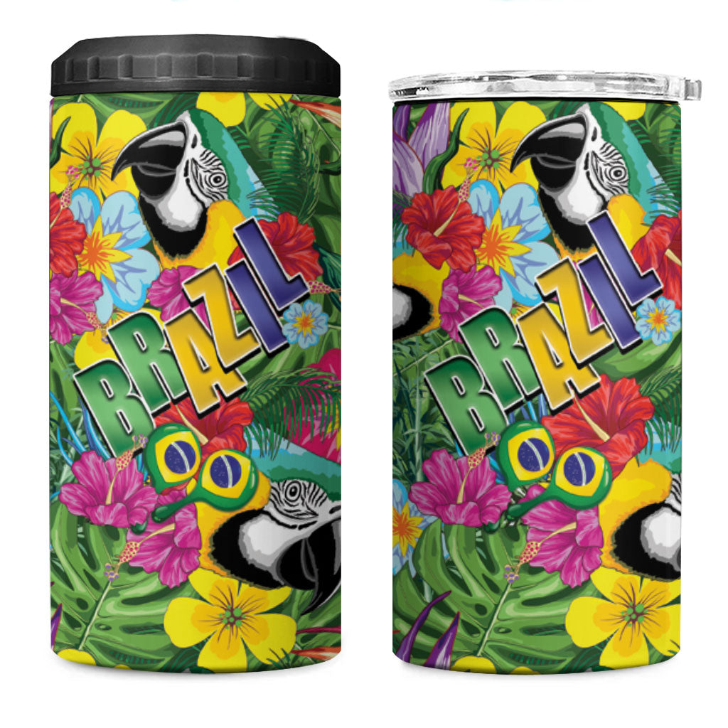 Macaw Parrot Brazil 4 in 1 Can Cooler Tumbler Maracas Seamless Tropical Flowers