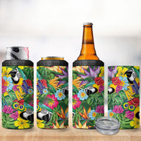 Macaw Parrot Brazil 4 in 1 Can Cooler Tumbler Maracas Seamless Tropical Flowers