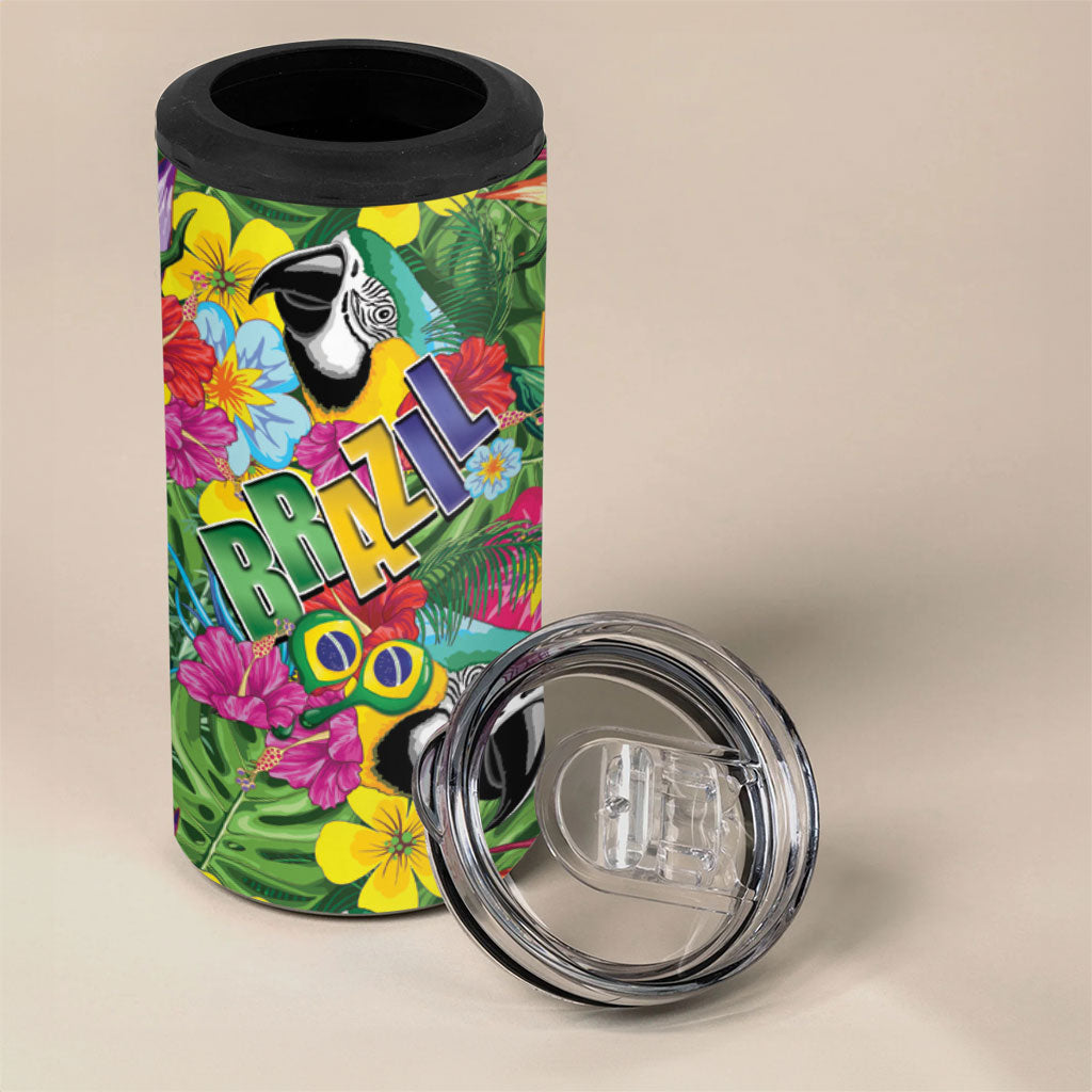 Macaw Parrot Brazil 4 in 1 Can Cooler Tumbler Maracas Seamless Tropical Flowers