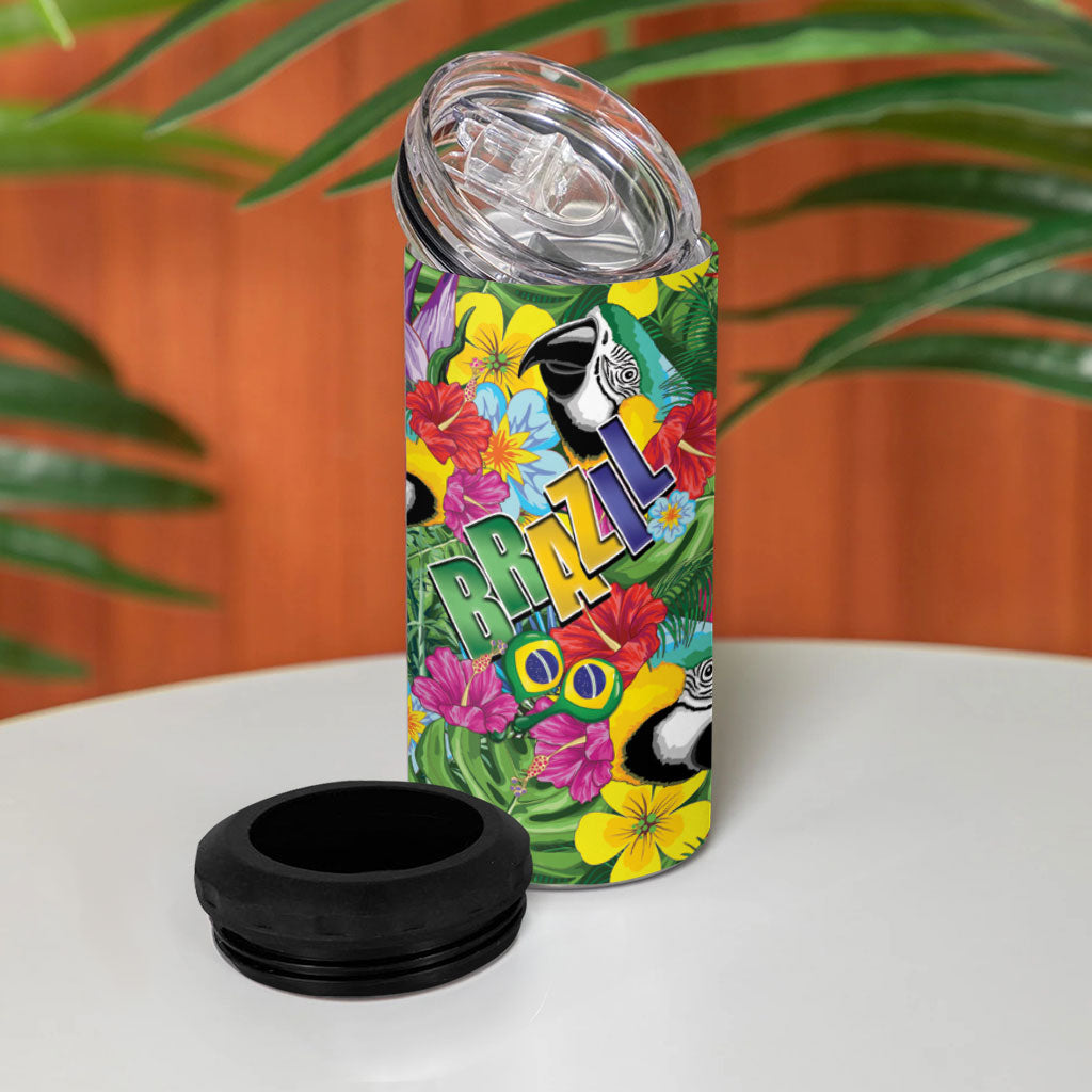 Macaw Parrot Brazil 4 in 1 Can Cooler Tumbler Maracas Seamless Tropical Flowers