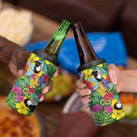 Macaw Parrot Brazil 4 in 1 Can Cooler Tumbler Maracas Seamless Tropical Flowers