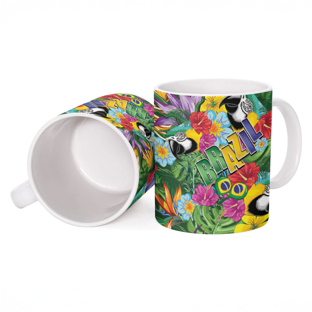 Macaw Parrot Brazil Ceramic Mug Maracas Seamless Tropical Flowers