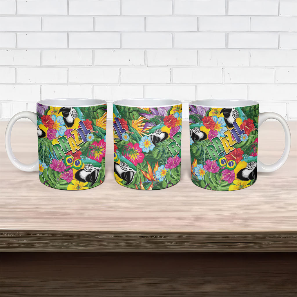 Macaw Parrot Brazil Ceramic Mug Maracas Seamless Tropical Flowers
