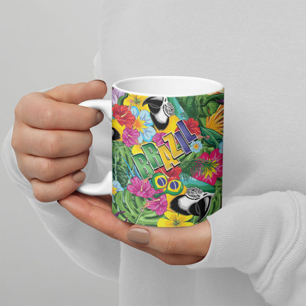 Macaw Parrot Brazil Ceramic Mug Maracas Seamless Tropical Flowers
