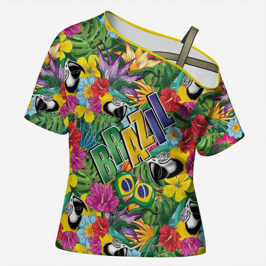 Macaw Parrot Brazil Cross Shoulder Shirt Maracas Seamless Tropical Flowers