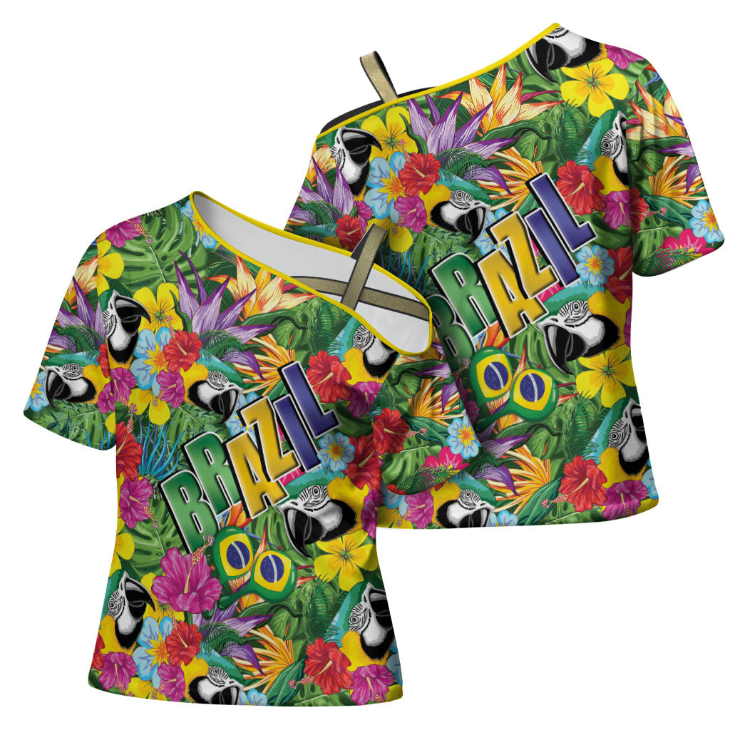 Macaw Parrot Brazil Cross Shoulder Shirt Maracas Seamless Tropical Flowers