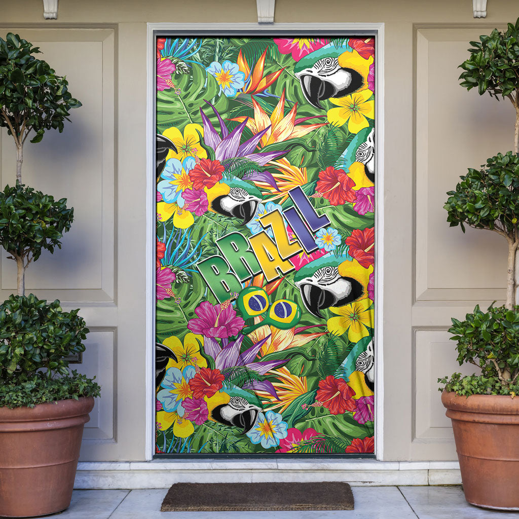 Macaw Parrot Brazil Door Cover Maracas Seamless Tropical Flowers