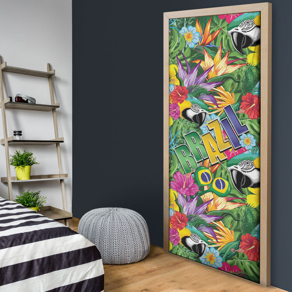 Macaw Parrot Brazil Door Cover Maracas Seamless Tropical Flowers